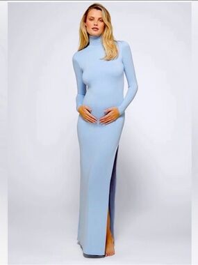 Elegant Light Blue Turtleneck Maxi Dress with Side Slit